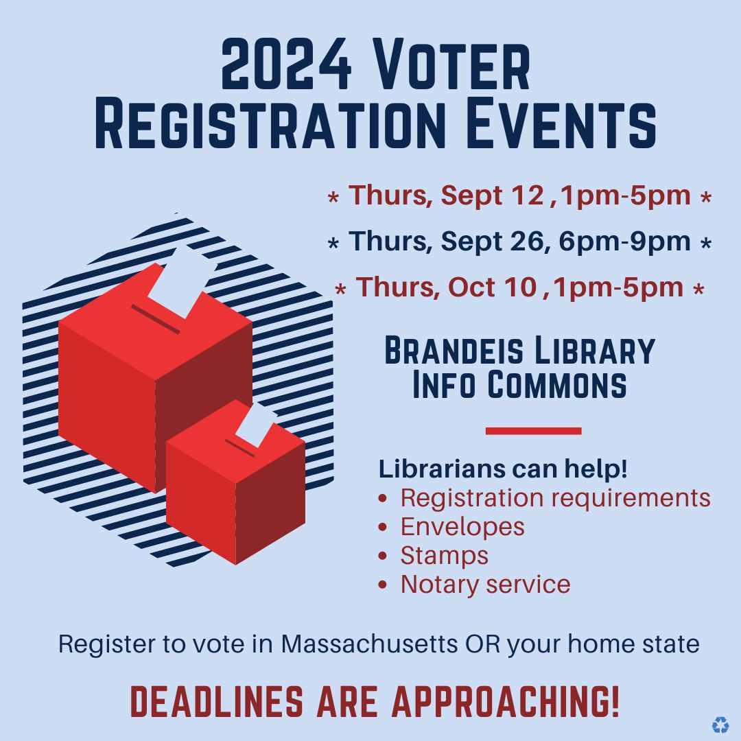 Flyer with details of Brandeis Library voter registration events